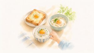 卵やしらすをのせたごはんと、チーズと卵のトーストが並ぶ朝の食卓