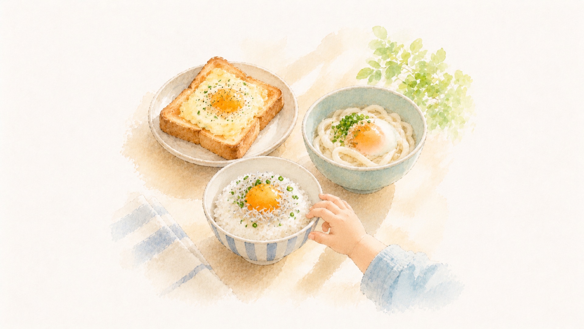 卵やしらすをのせたごはんと、チーズと卵のトーストが並ぶ朝の食卓