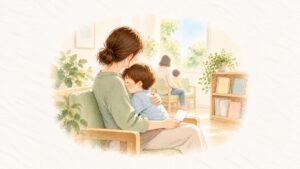 明るい待合で、母が熱っぽい子どもをひざに抱き、そっと背中に手を添えている