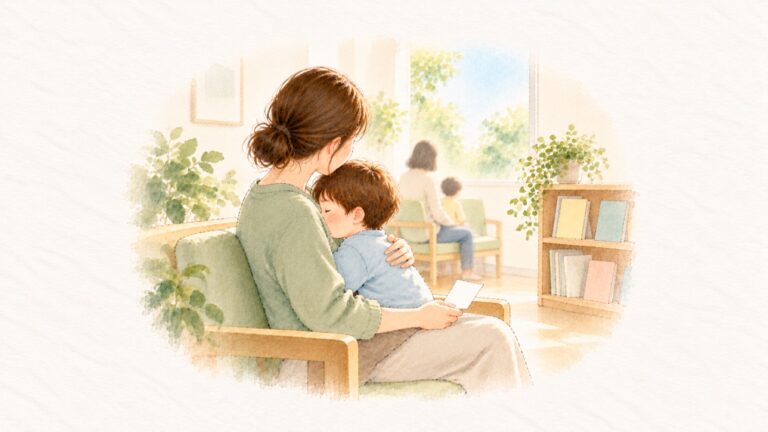 明るい待合で、母が熱っぽい子どもをひざに抱き、そっと背中に手を添えている