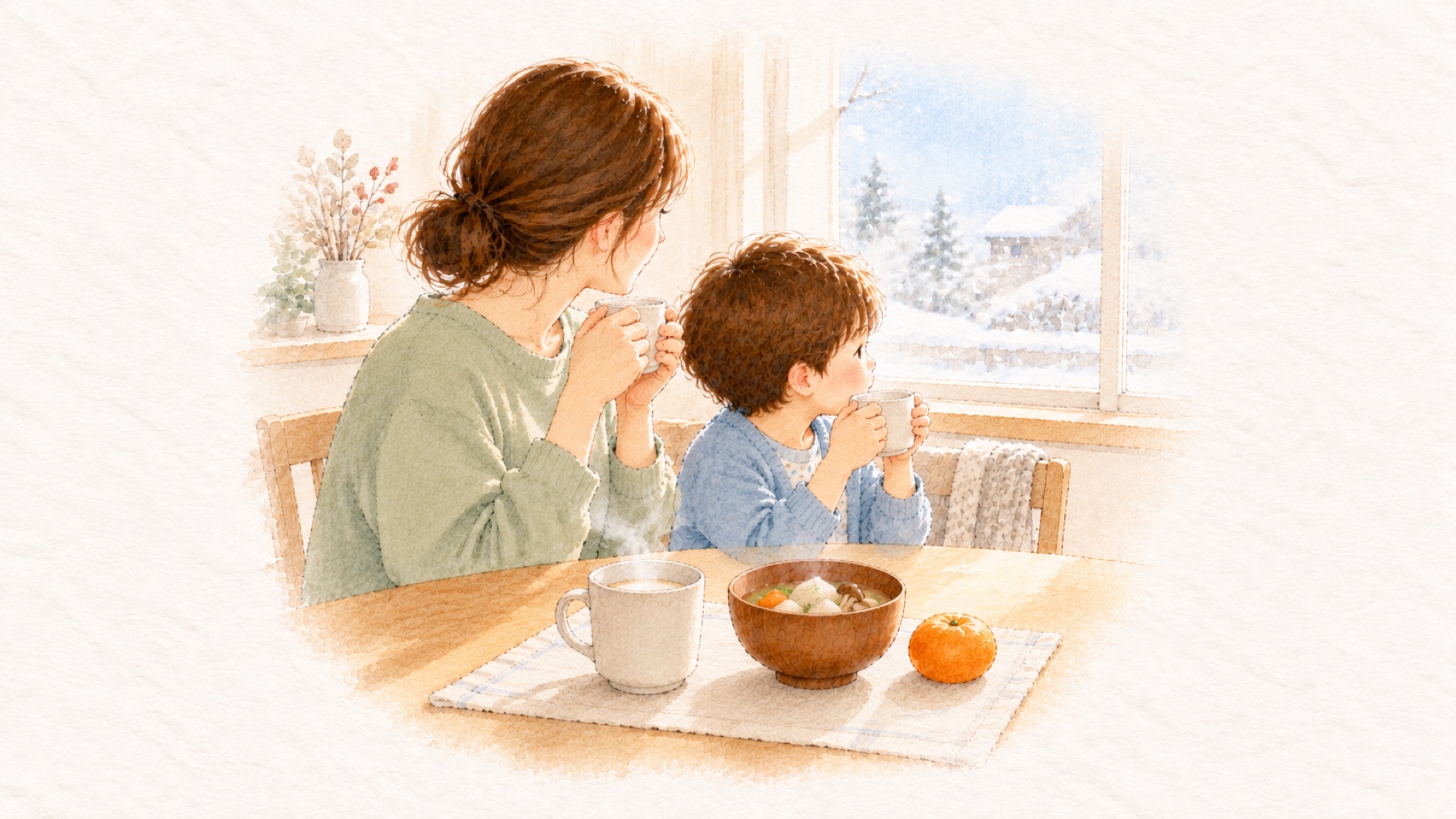 冬の朝の食卓に、湯気の立つ白湯のマグカップと具だくさんのお味噌汁。母と子が並んで温かい飲みものを飲んでいる水彩のイラスト