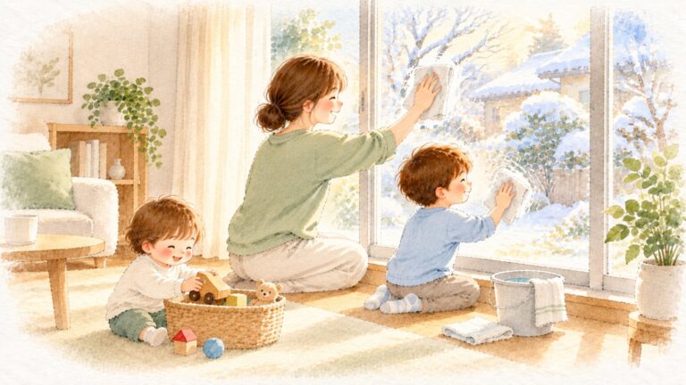 冬のリビングで、母と小学生の子が窓を拭き、小さな子がおもちゃをかごに片づけている