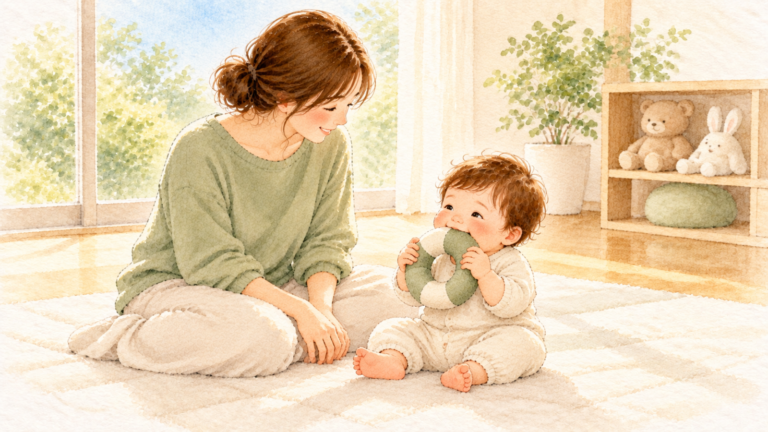 片づいた部屋で、布の歯固めを口に入れて遊ぶ赤ちゃんと、そばで見守るお母さんの水彩イラスト