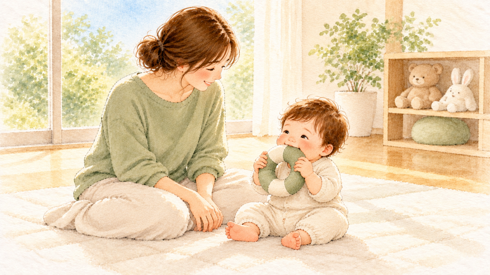 片づいた部屋で、布の歯固めを口に入れて遊ぶ赤ちゃんと、そばで見守るお母さんの水彩イラスト