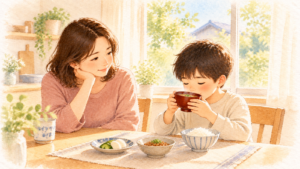 朝の食卓で、男の子がお味噌汁のお椀を両手で持って飲み、となりでお母さんがやさしく見守る水彩イラスト