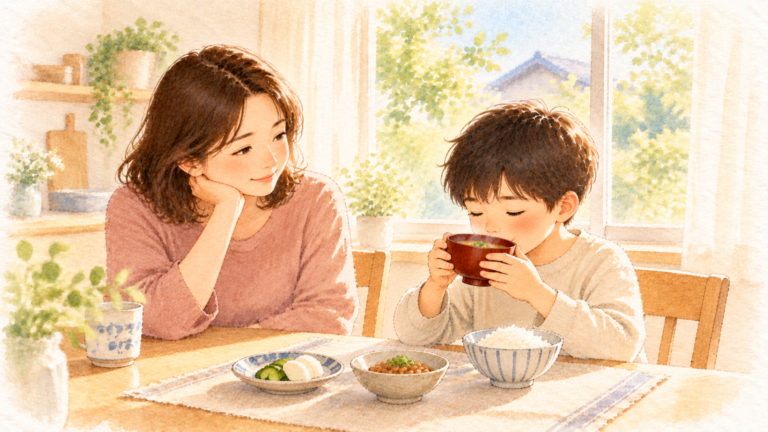 朝の食卓で、男の子がお味噌汁のお椀を両手で持って飲み、となりでお母さんがやさしく見守る水彩イラスト