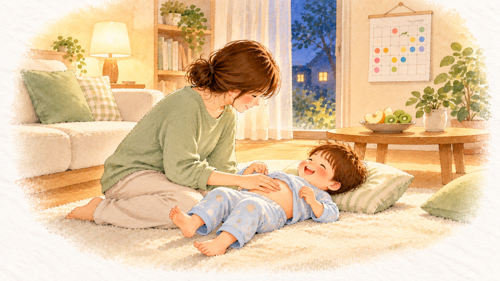 仰向けで笑う子どものお腹を、手のひらでやさしく「の」の字になでるお母さんの水彩イラスト
