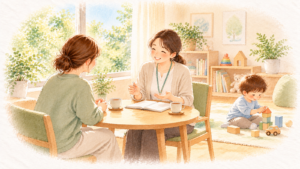 明るい相談室で、相談員と話すお母さんと、そばで積み木で遊ぶ子どもの水彩イラスト