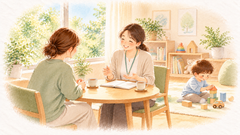 明るい相談室で、相談員と話すお母さんと、そばで積み木で遊ぶ子どもの水彩イラスト
