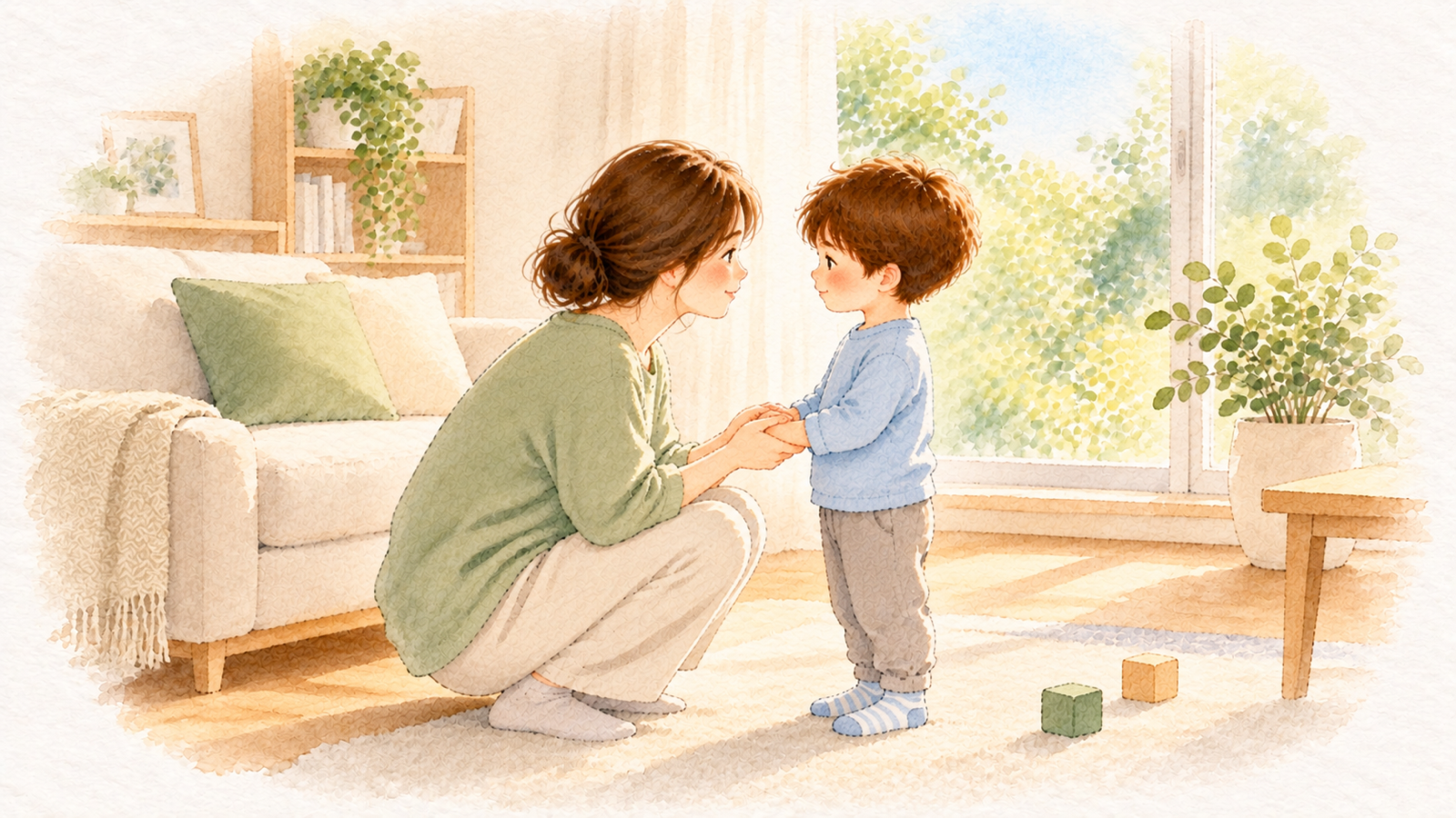 しゃがんで目線を合わせ、やさしく話しかける母と、話を聞く幼い子
