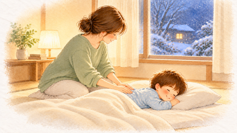 雪の夜、布団にうつぶせになった子どもの腰を、手のひらで温めるお母さんの水彩イラスト