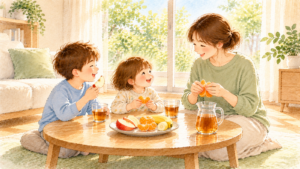 果物と麦茶のおやつを楽しむきょうだいと、みかんをむくお母さんの水彩イラスト