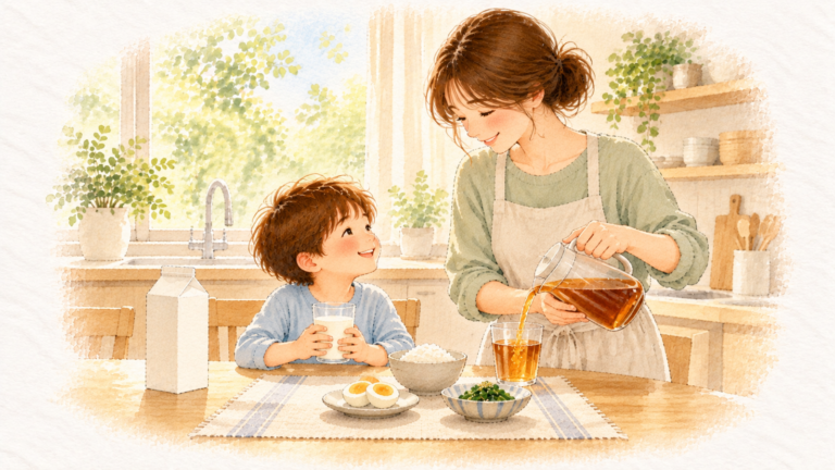 朝の食卓で牛乳を両手で持つ子どもと、麦茶を注ぐお母さんの水彩イラスト