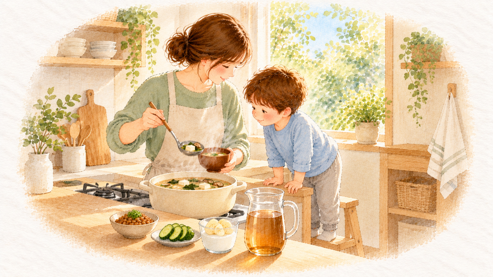 朝のキッチンで具だくさんのお味噌汁をよそうお母さんと、鍋をのぞきこむ子ども、納豆やぬか漬けの水彩イラスト