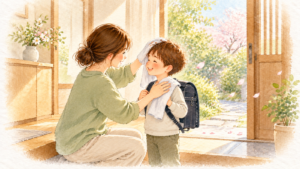 春の玄関で、帰ってきた子どもの髪と服をぬれタオルで拭いてあげるお母さんの水彩イラスト