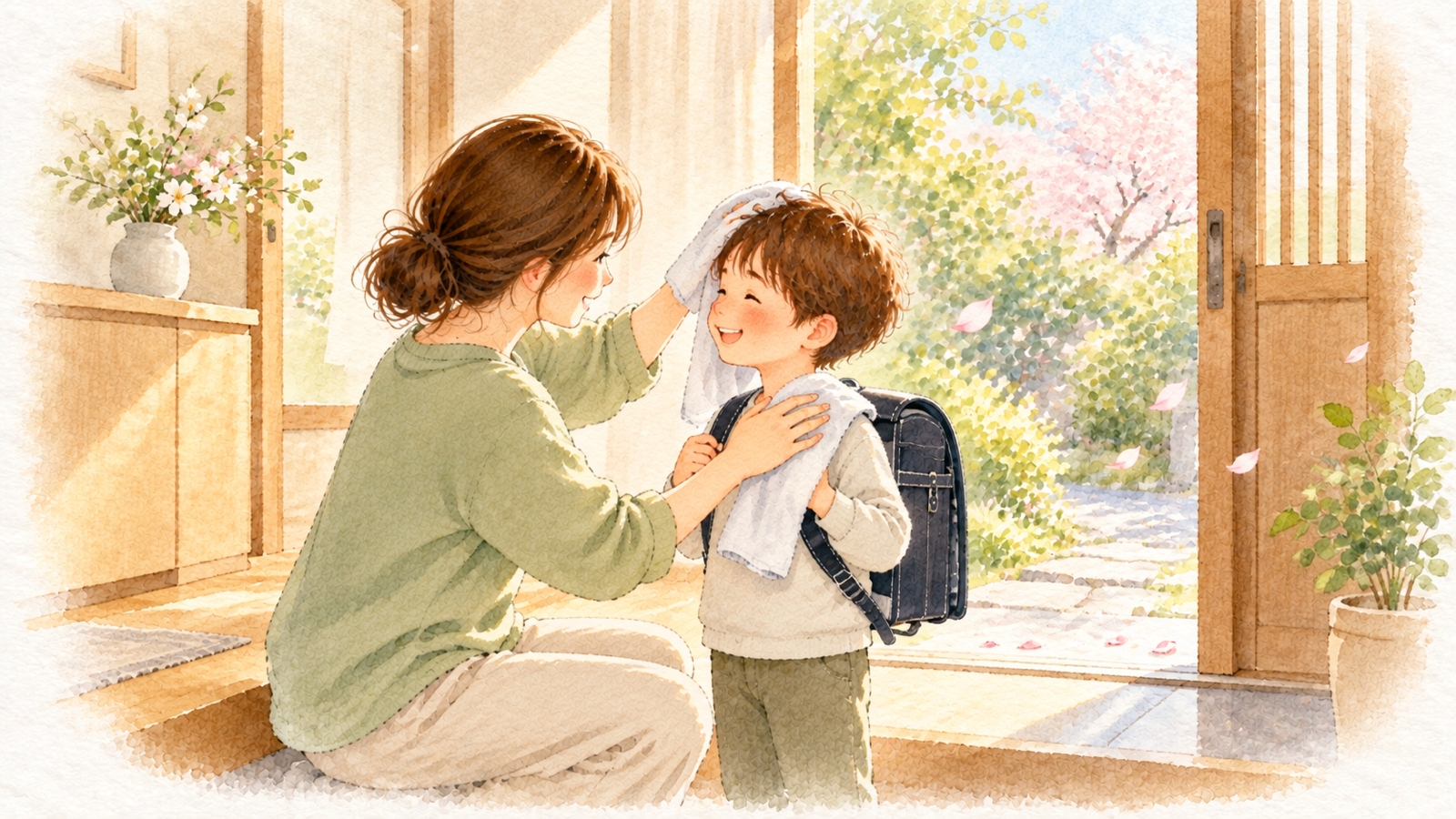 春の玄関で、帰ってきた子どもの髪と服をぬれタオルで拭いてあげるお母さんの水彩イラスト