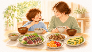 カツオのたたき・牛肉の炒めもの・青菜入りの卵焼き・納豆・果物が並ぶ食卓で、ごはんを食べる子どもとお母さんの水彩イラスト