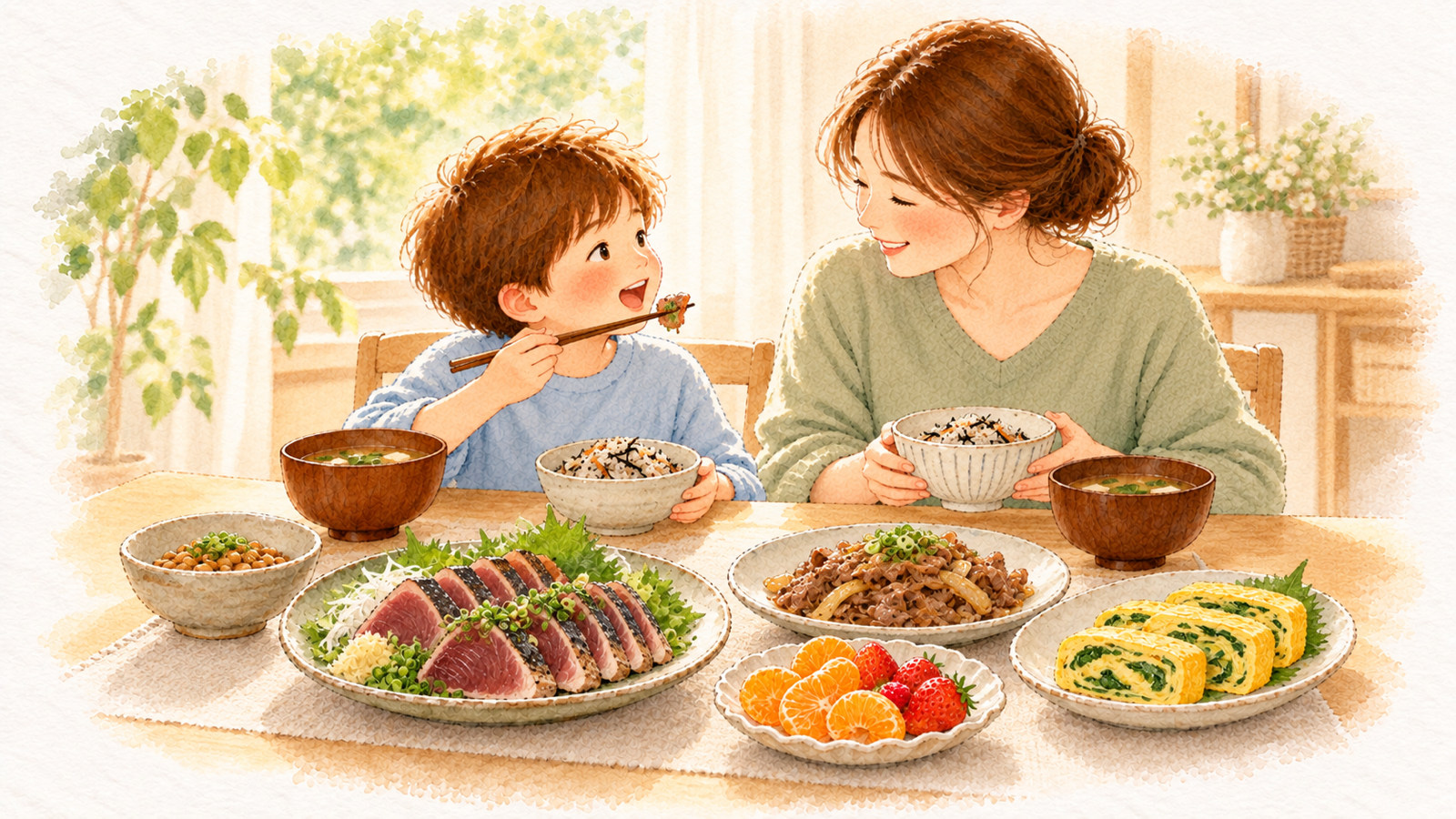 カツオのたたき・牛肉の炒めもの・青菜入りの卵焼き・納豆・果物が並ぶ食卓で、ごはんを食べる子どもとお母さんの水彩イラスト