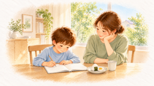 ダイニングテーブルで宿題をする小学生と、おにぎりとゆで卵のおやつ、そばで見守るお母さんの水彩イラスト