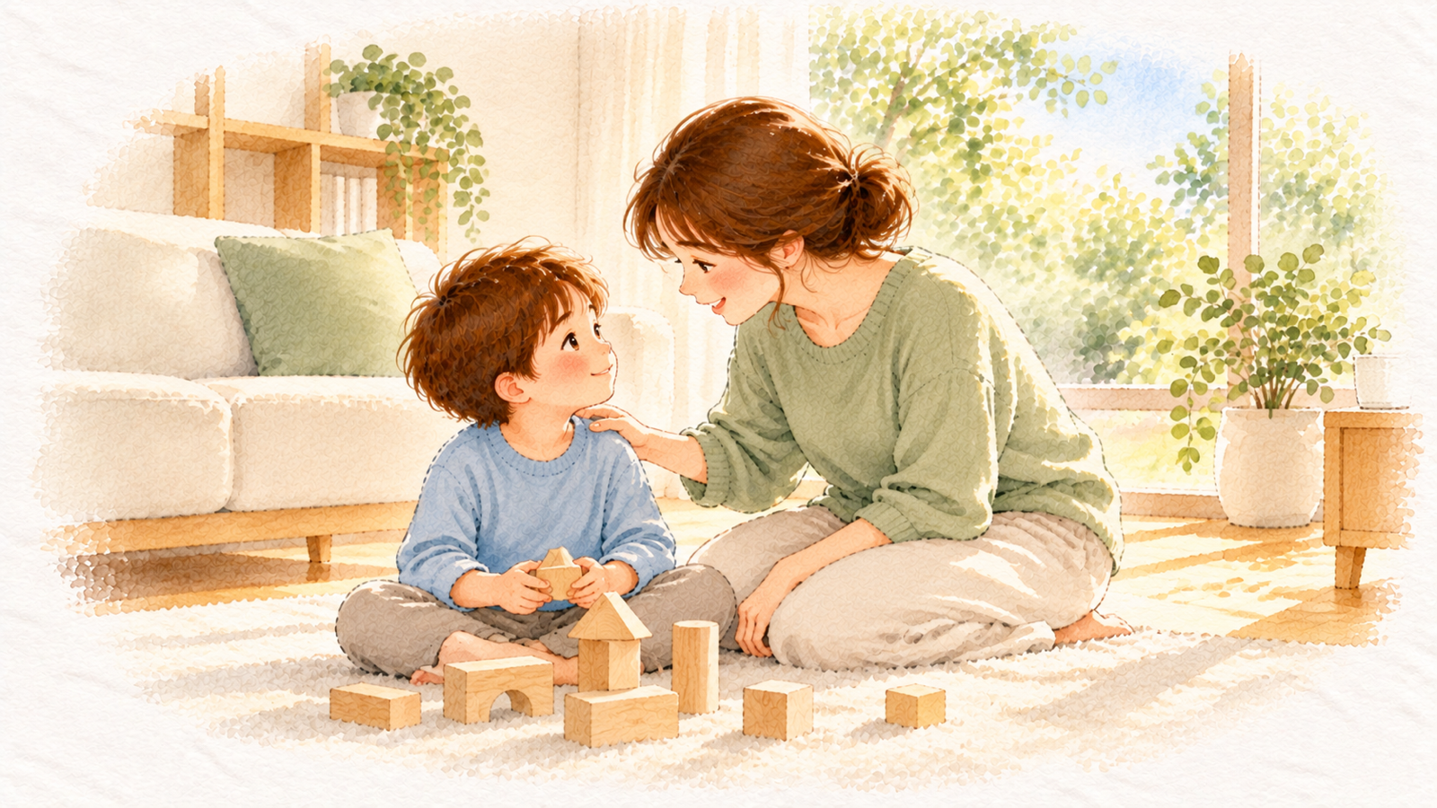 積み木で遊ぶ子どものそばで目線を合わせ、肩に手を置いてやさしく話しかけるお母さんの水彩イラスト