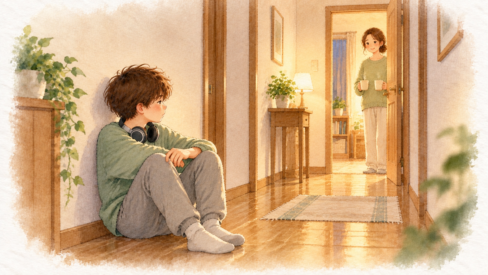 廊下の壁にもたれて座る中学生と、温かい飲みものを持って少し離れて見守るお母さんの水彩イラスト