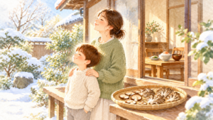 冬の朝、縁側で日の光を浴びるお母さんと子ども、ざるに干したしいたけとまいたけの水彩イラスト