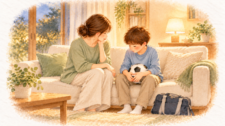 ソファに並んで座り、サッカーボールを抱えた小学生の話を聞くお母さんの水彩イラスト