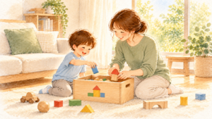 積み木を木のおもちゃ箱に入れて、一緒に片付けをする子どもとお母さんの水彩イラスト