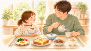 納豆ごはん・目玉焼き・チーズトースト・牛肉の煮物・きな粉ヨーグルトの朝ごはんを食べる女の子と、お茶を注ぐお父さんの水彩イラスト