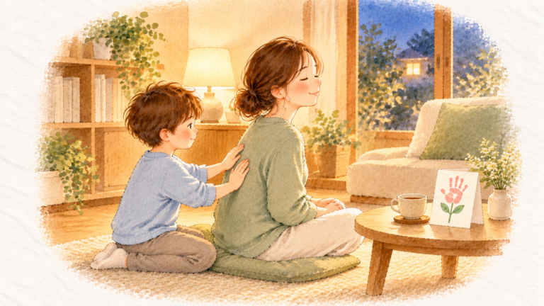 目を閉じてくつろぐお母さんの背中を、両手でなでる子どもと、手形のお花のカードの水彩イラスト