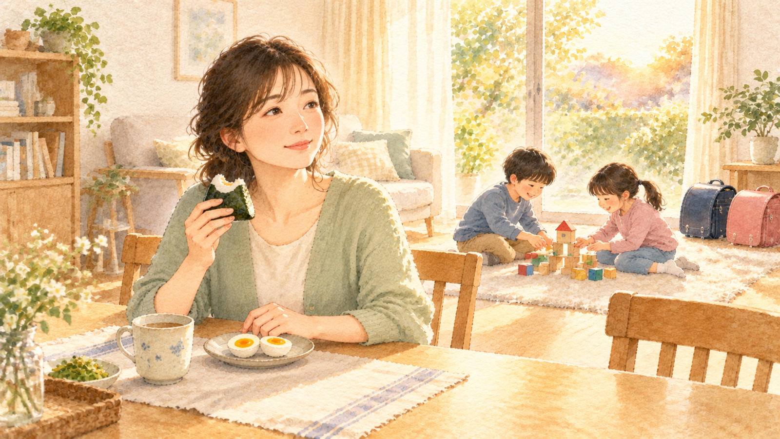 夕方のダイニングで、おにぎりとゆで卵を食べてほっとするお母さんと、後ろで遊ぶ子どもたちの水彩イラスト