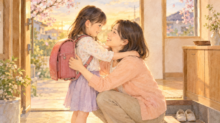 春の玄関で、ランドセルの子どもをしゃがんだお母さんが「おかえり」と抱きしめる水彩イラスト