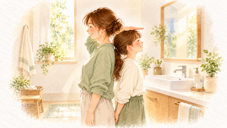 洗面所で背中合わせに背比べをして笑い合う、お母さんと小学生の娘の水彩イラスト