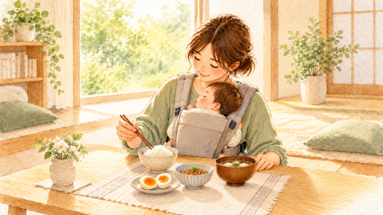 赤ちゃんを抱っこひもで抱きながら、ごはん・ゆで卵・納豆・お味噌汁の食卓で自分のごはんを食べるお母さんの水彩イラスト