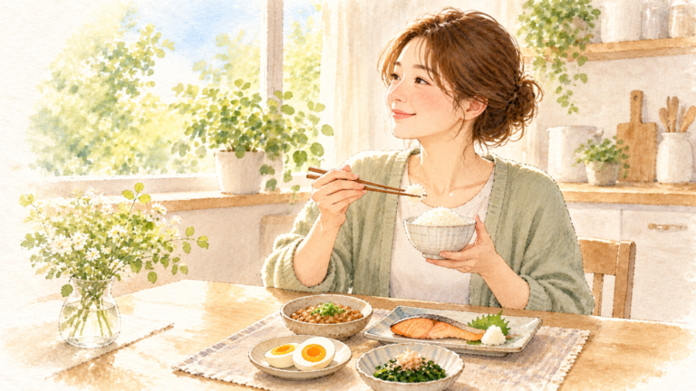 明るいキッチンで、ゆで卵・納豆・焼き鮭・ほうれん草とごはんの朝ごはんを笑顔で食べる女性の水彩イラスト