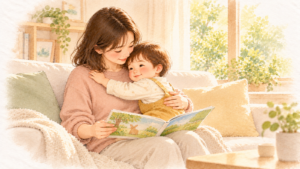 ソファでお母さんのひざに座り、絵本を見ながら抱きつく1歳半くらいの子どもの水彩イラスト