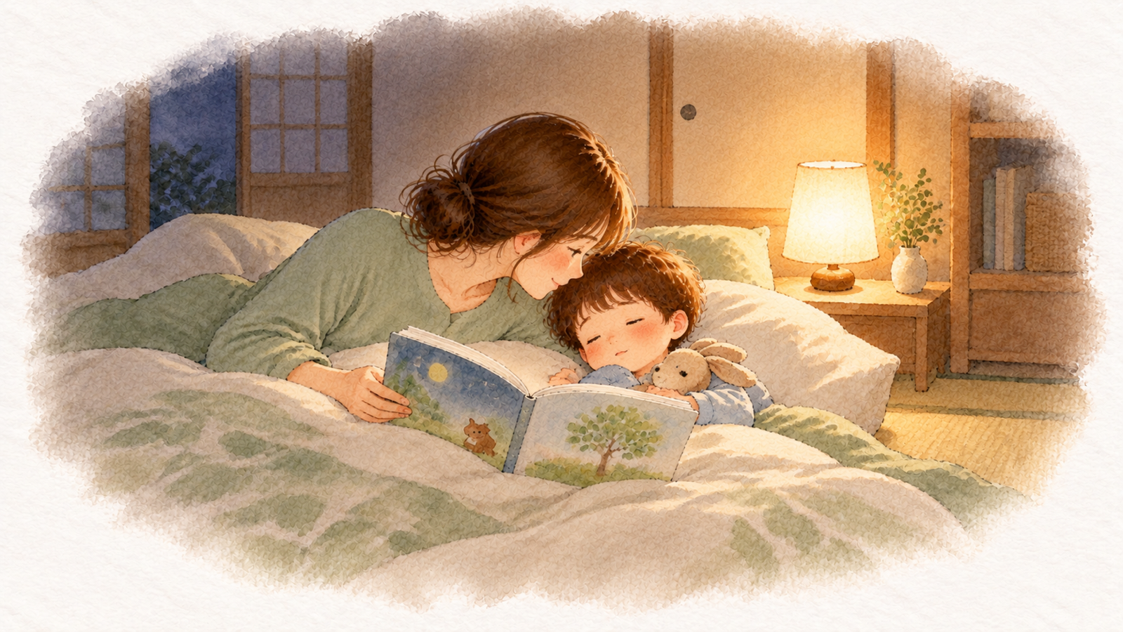 間接照明の部屋で、布団に入った幼い子に絵本を読む母