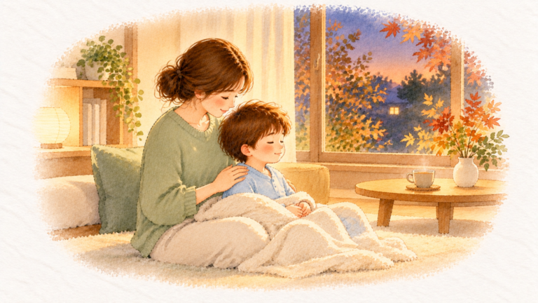 秋の夕方、ひざにのせた子どもの背中を手のひらでやさしくなでるお母さんの水彩イラスト