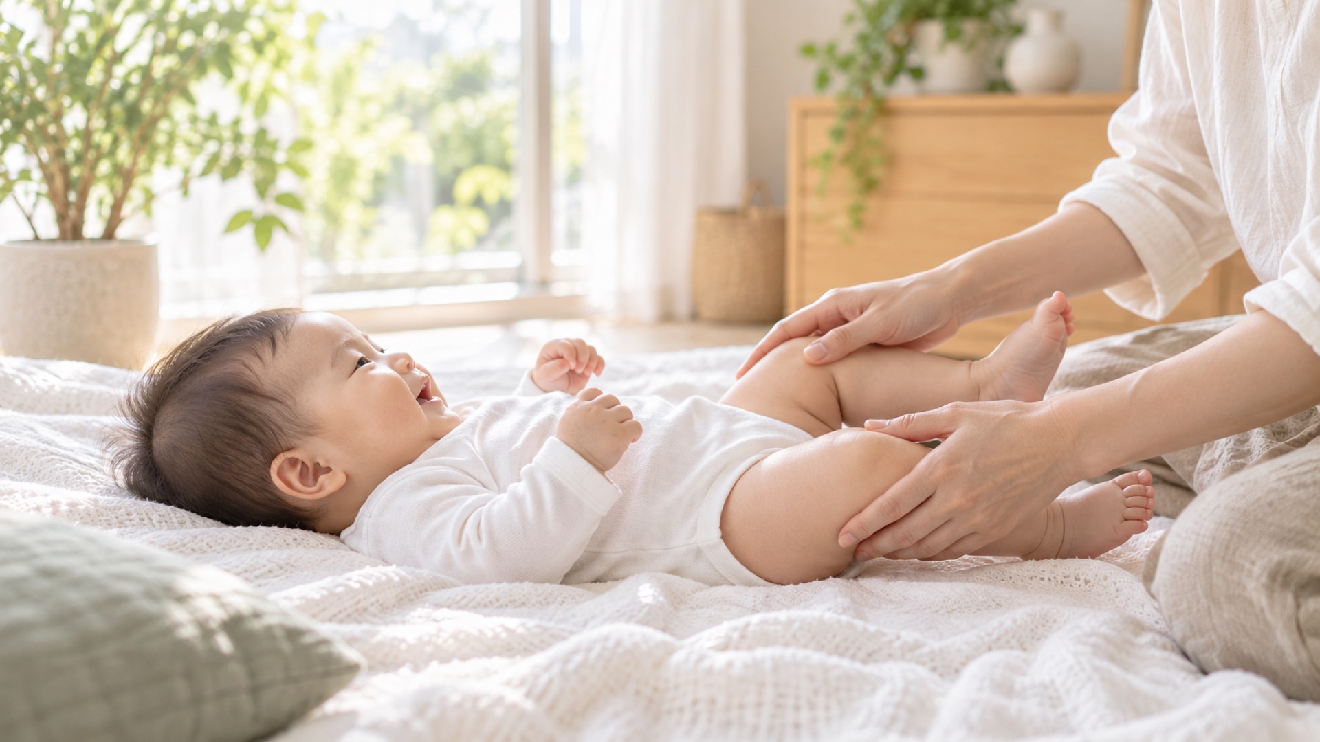 白いブランケットに仰向けの赤ちゃんの足を、大人の両手がやさしくなでている