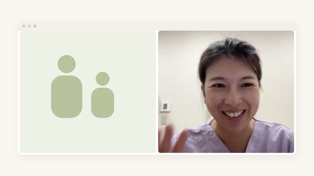 オンラインの画面。左の枠にご家族を表す人型のマーク、右の枠で栄養カウンセラーのちあきが笑顔で手を振っている