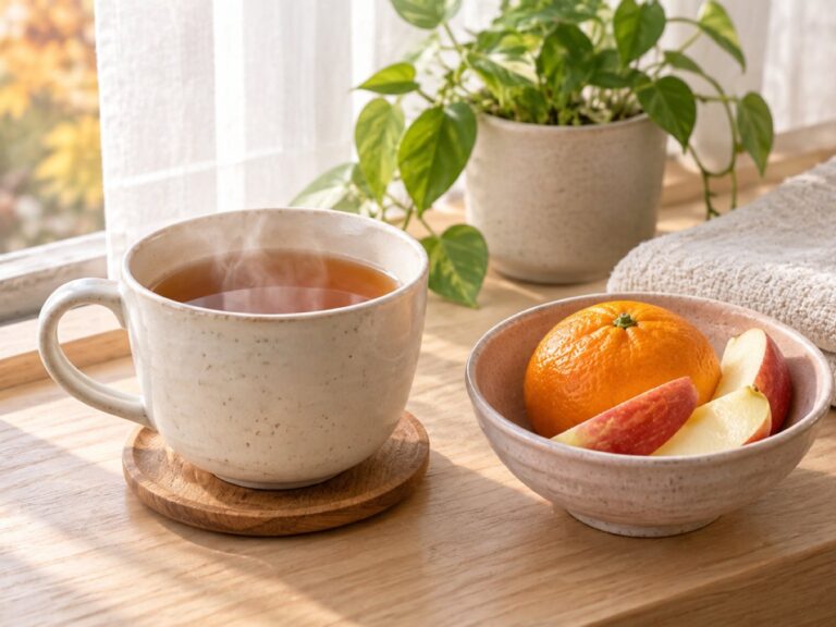 朝の窓辺に、湯気の立つお茶とみかん・りんご、たたんだタオル