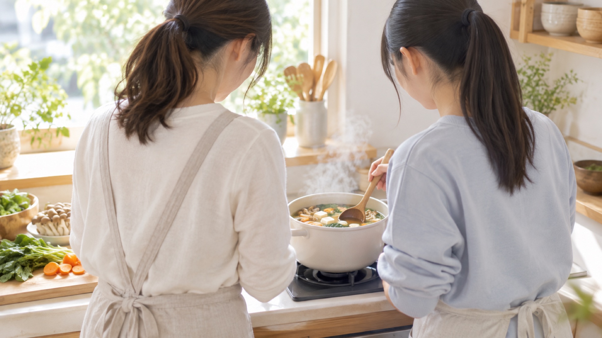 中学生・高校生くらいの娘と母が台所に並び、具だくさんの汁物をつくっている