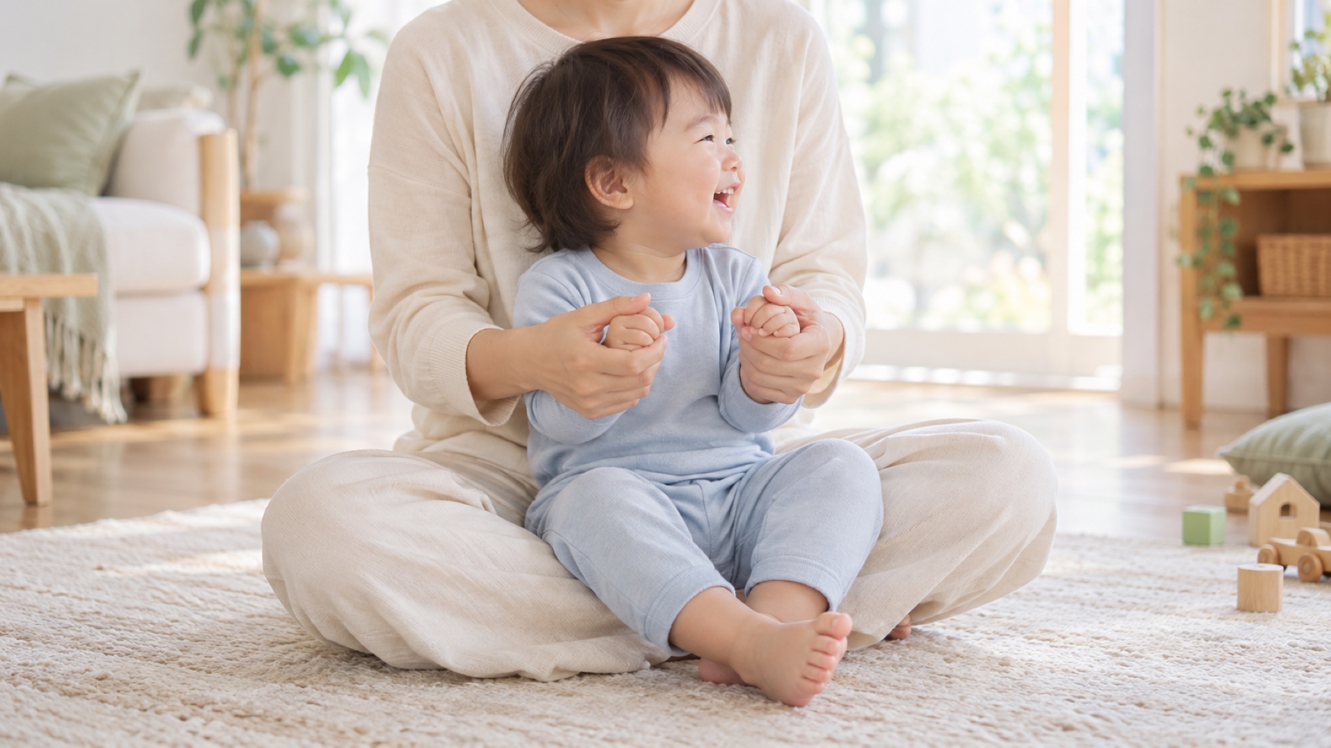 母の膝の上に座った1〜2歳の子が、両手を包まれて手遊びをしながら笑っている